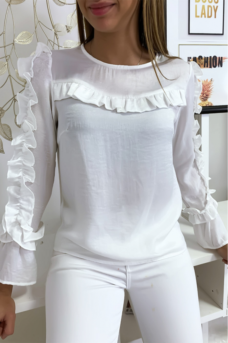 White blouse in shiny material with frills at the bust and sleeves - 3