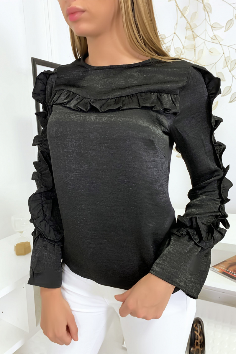 Zwarte blouse van glanzende stof met franjes op de buste en mouwen - 2