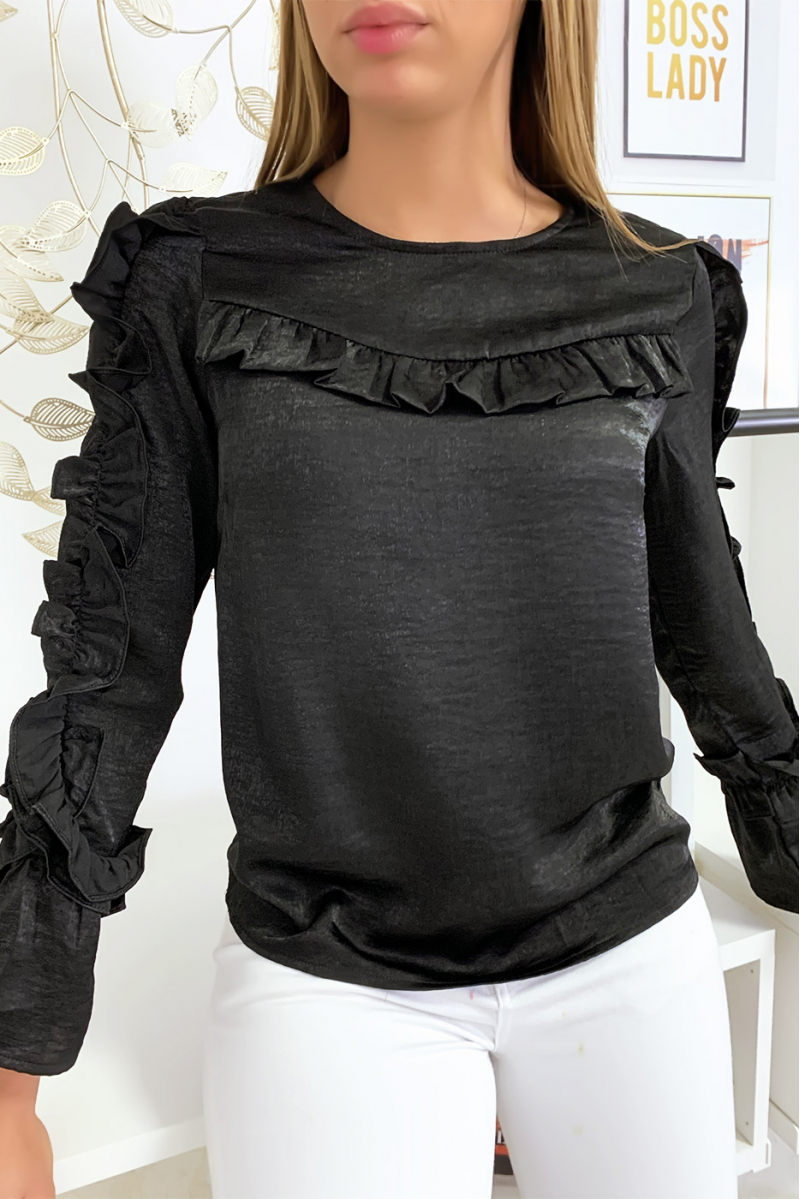 Zwarte blouse van glanzende stof met franjes op de buste en mouwen - 3