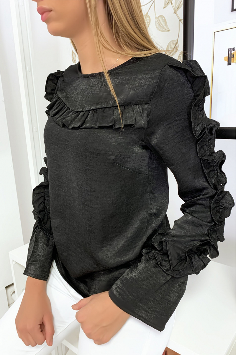 Zwarte blouse van glanzende stof met franjes op de buste en mouwen - 4