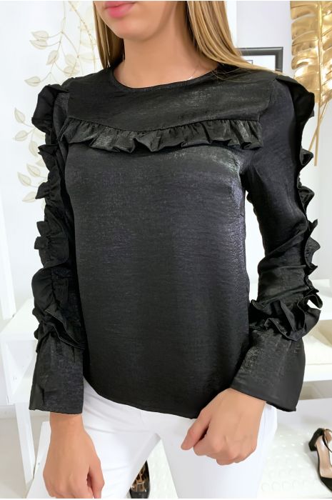 Blouse noir matière brillante avec froufrou au buste et aux manches - 1