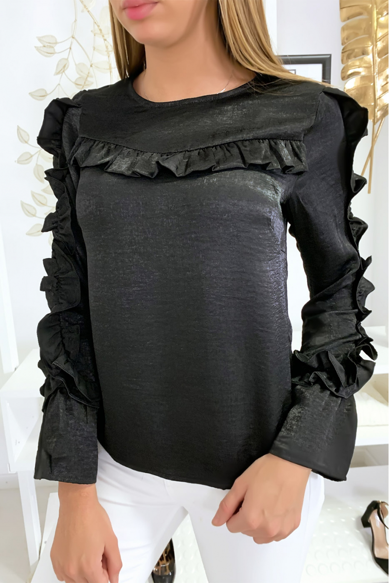 Zwarte blouse van glanzende stof met franjes op de buste en mouwen - 1