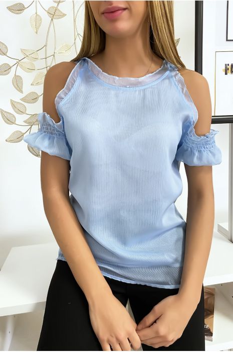 Turquoise gevoerde crêpe top met blote schouders - 2
