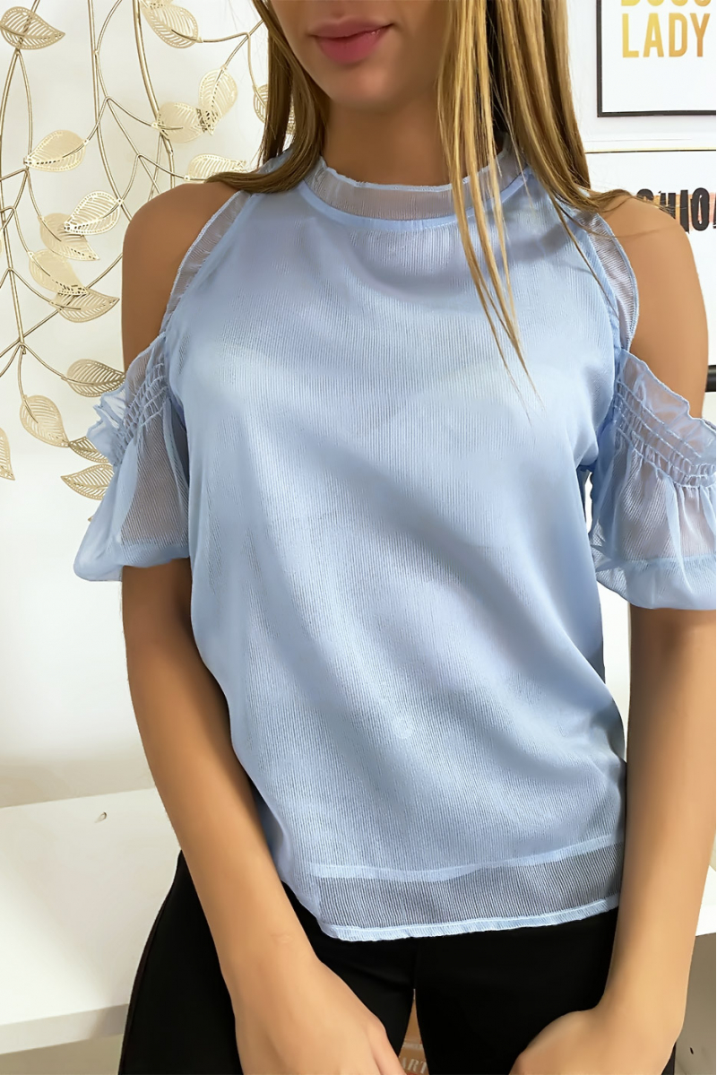 Turquoise lined crepe top with bare shoulders - 5