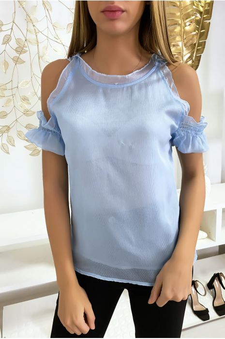 Turquoise gevoerde crêpe top met blote schouders - 1