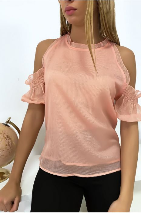 Met koraal gevoerde crêpe top met off-shoulder halslijn - 1