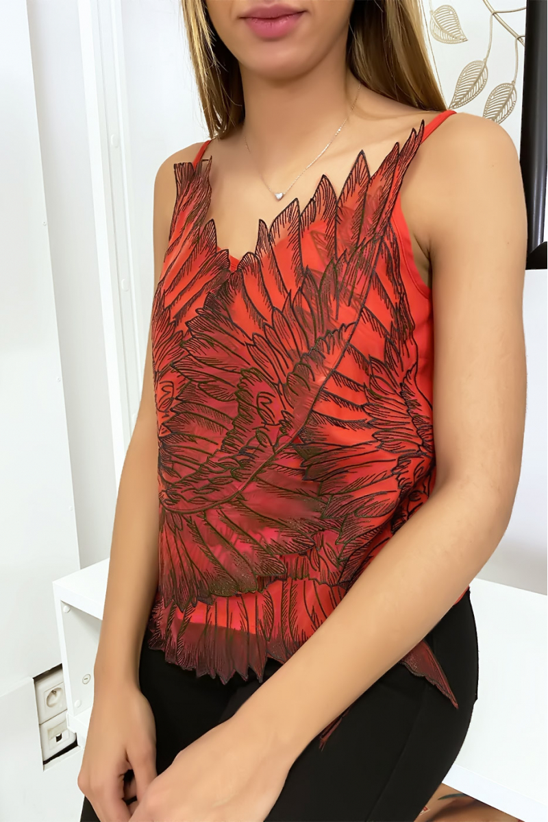 Red tank top with embroidered tulle in wing motif - 2