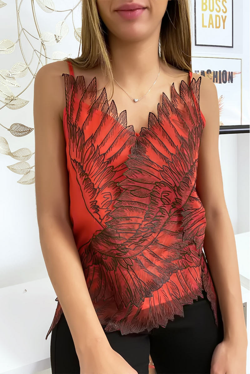 Red tank top with embroidered tulle in wing motif - 1