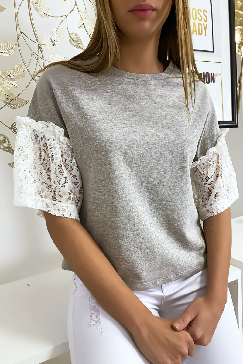 Gray top with lace sleeves - 3