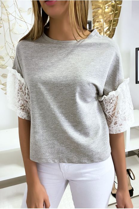 Gray top with lace sleeves - 1