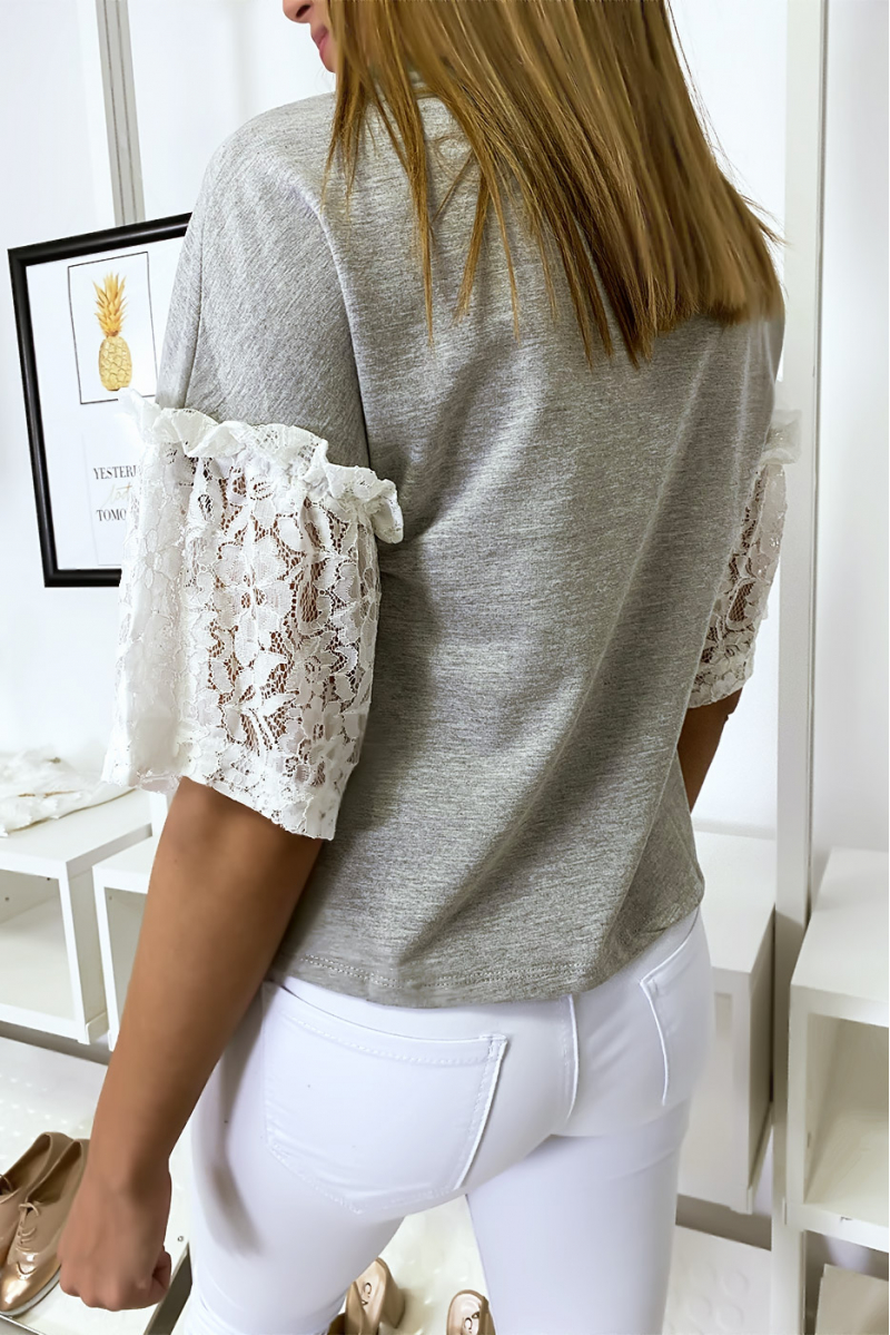 Gray top with lace sleeves - 5
