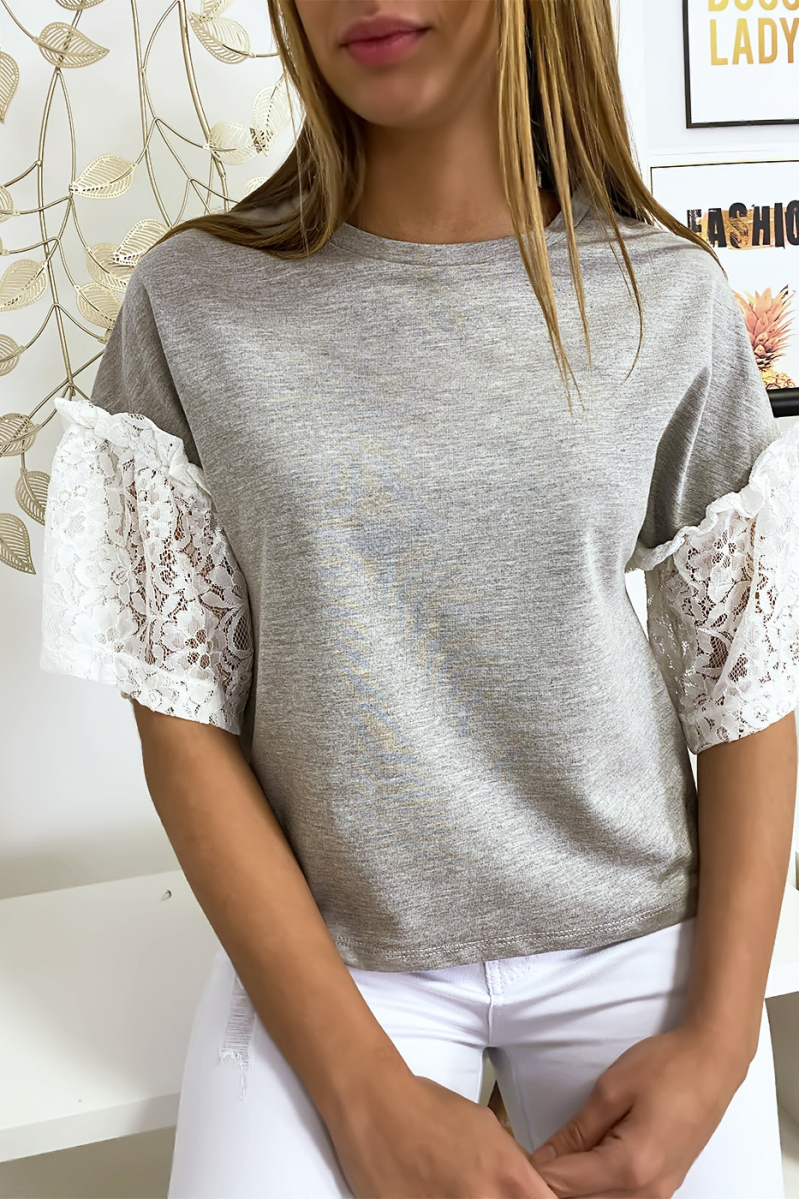 Gray top with lace sleeves - 2