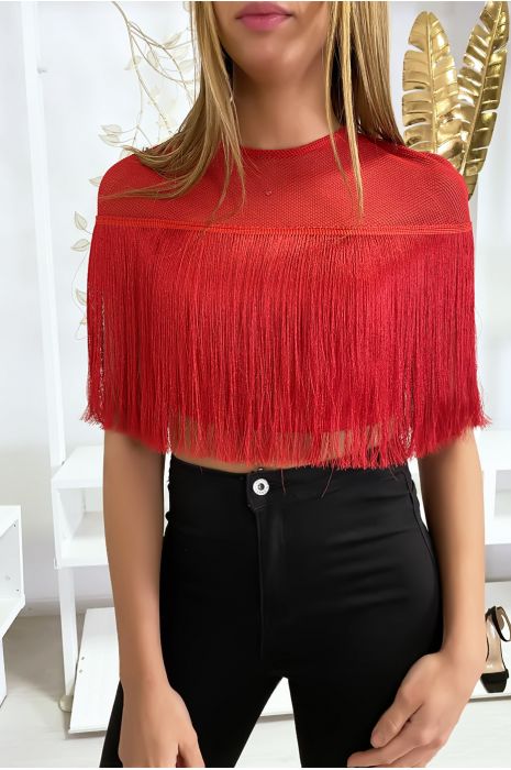 Rode crop top met franjes - 1