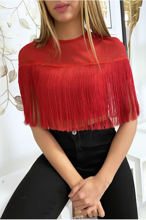 Red crop top with fringes - 4
