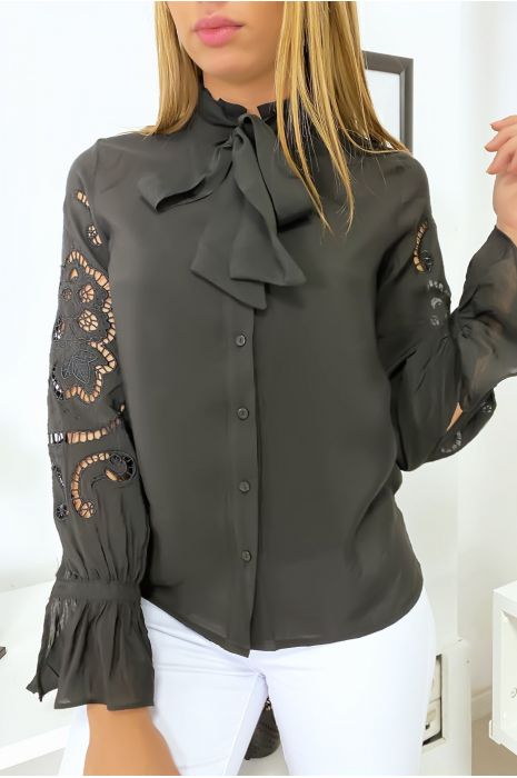 Blouse noir à manches crochetées - 1