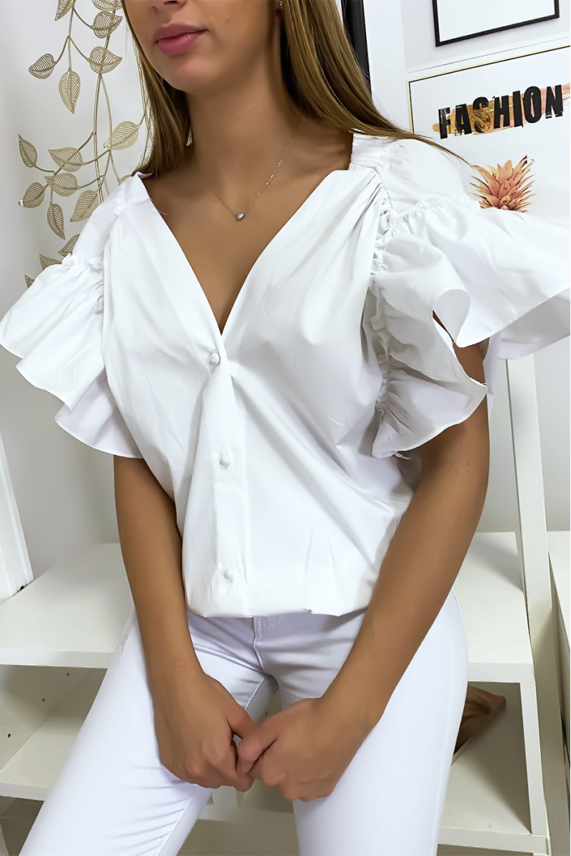 White shirt blouse buttoned at the front with ruffle at the sleeves and gathered at the shoulders - 2