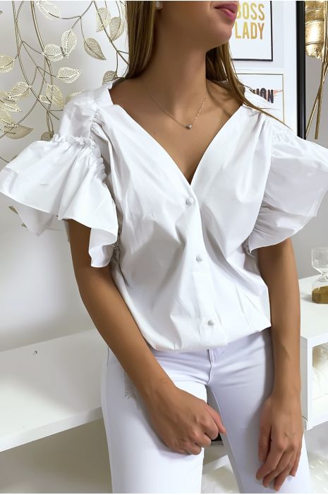 Witte overhemdblouse met knopen aan de voorkant met ruches aan de mouwen en geplooid bij de schouders - 5