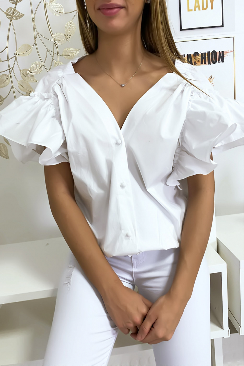 White shirt blouse buttoned at the front with ruffle at the sleeves and gathered at the shoulders - 6