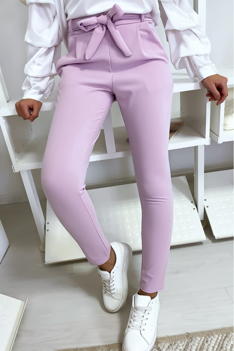 Pantalon cigarette violet avec poches et ceinture à nouer très fashion.1756 - 5