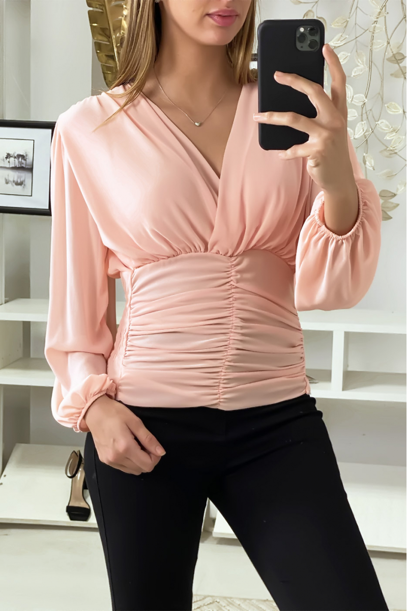 Roze blouse gekruist bij de buste en cinched in de taille - 3