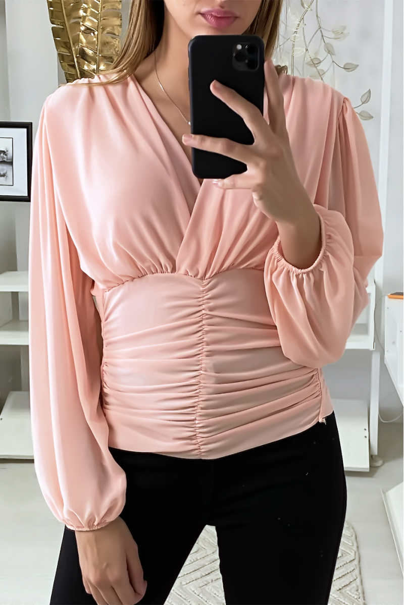 Roze blouse gekruist bij de buste en cinched in de taille - 2