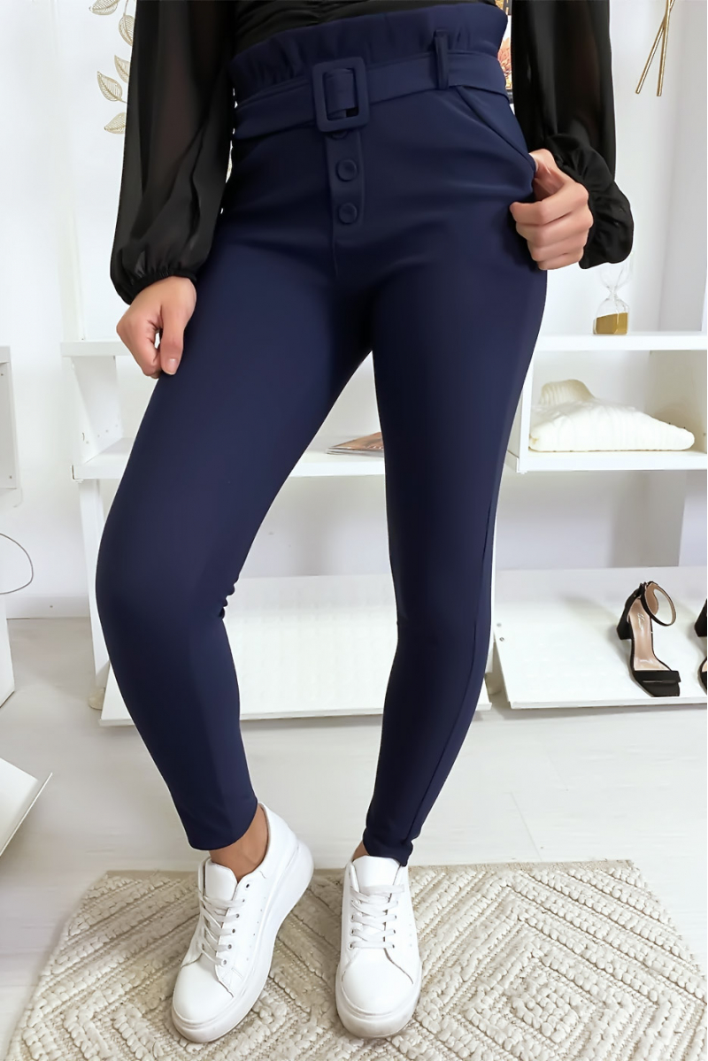 Slim fit broek met hoge taille in marineblauw met knoopzak en riem - 1