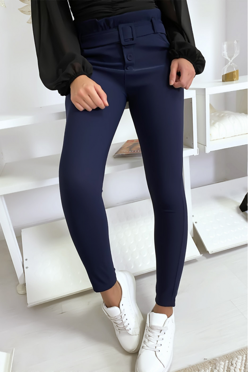 Slim fit broek met hoge taille in marineblauw met knoopzak en riem - 5