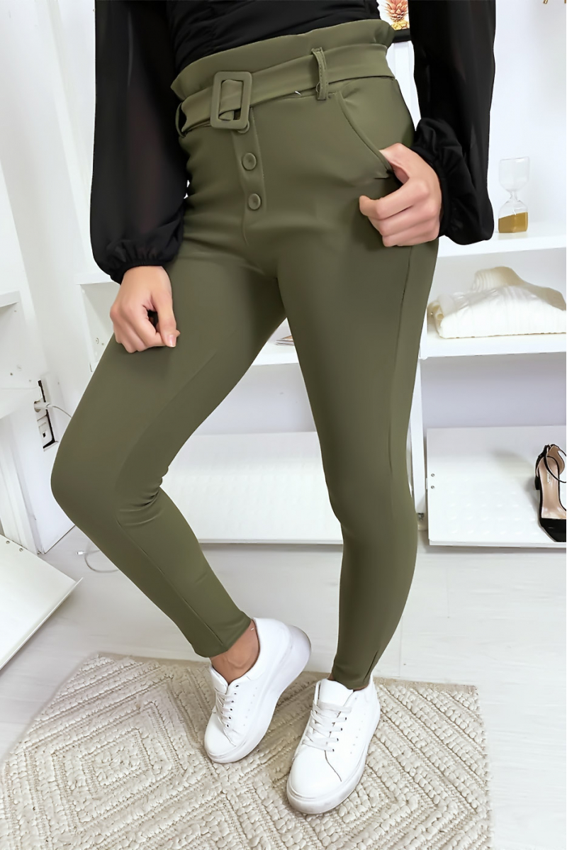Pantalon slim taille haute en kaki avec poche boutons et ceinture - 3