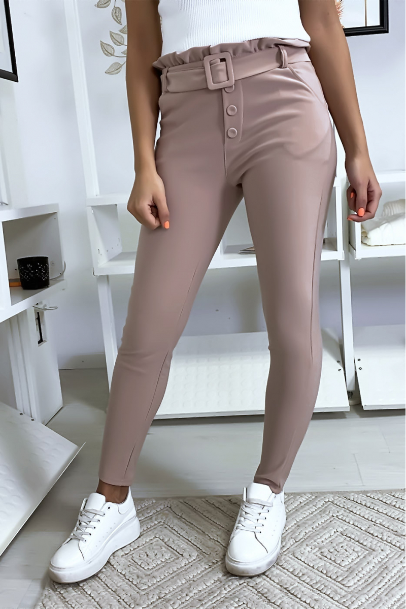Smalle broek met hoge taille in roze met knoopzak en riem - 1
