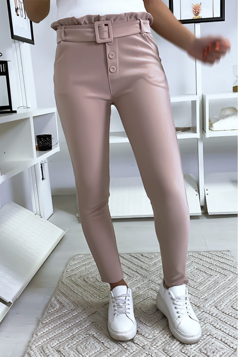 Pantalon slim taille haute en rose avec poche boutons et ceinture - 2