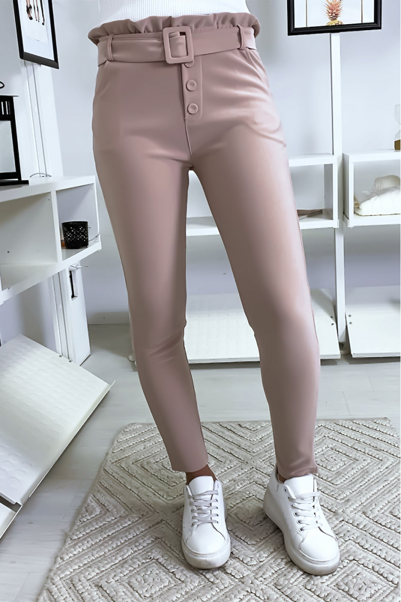 Pantalon slim taille haute en rose avec poche boutons et ceinture - 3