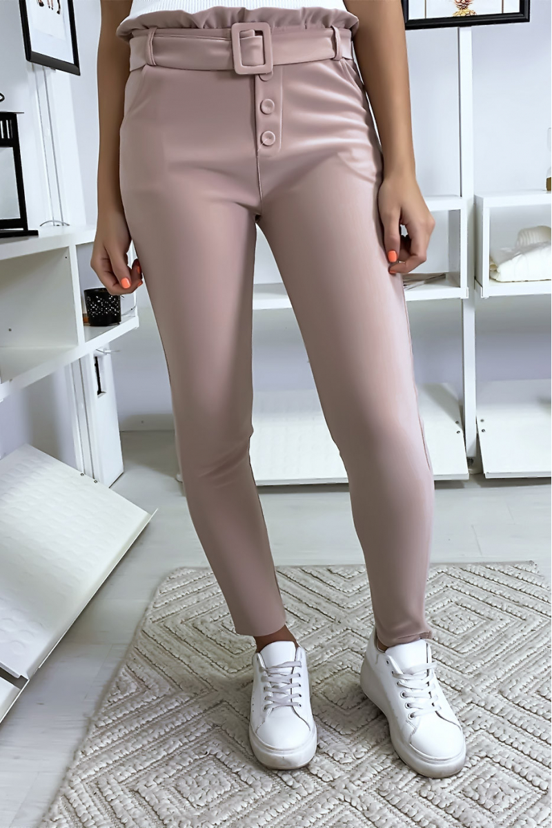 Smalle broek met hoge taille in roze met knoopzak en riem - 4