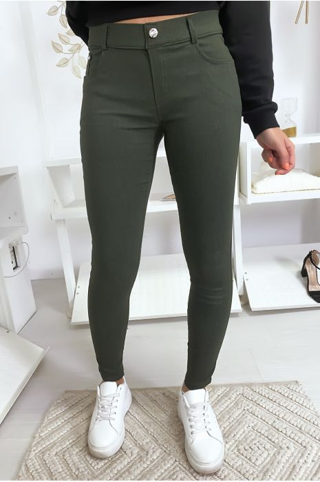 Pantalon slim kaki, basic avec poche avant et arrière - 1