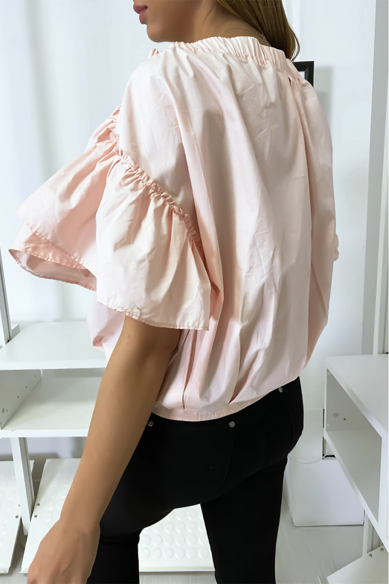 Pink shirt blouse buttoned at the front with ruffle at the sleeves and gathered at the shoulders - 4
