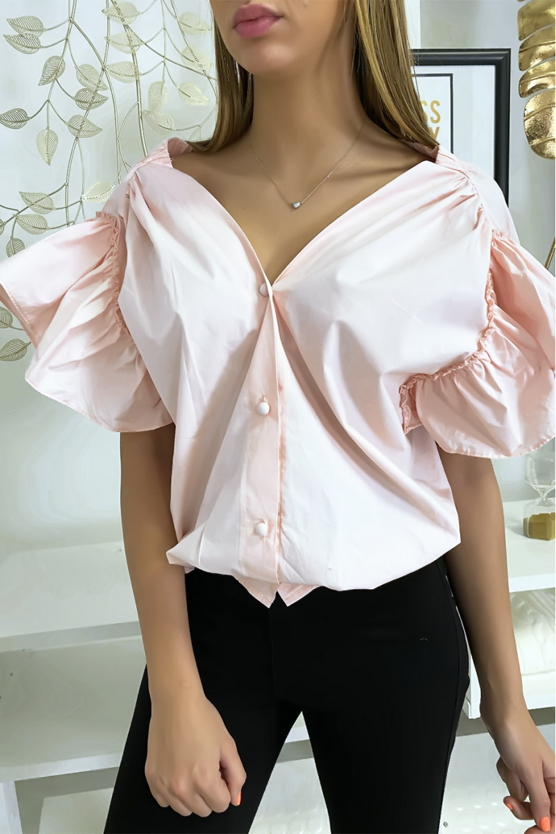Pink shirt blouse buttoned at the front with ruffle at the sleeves and gathered at the shoulders - 1