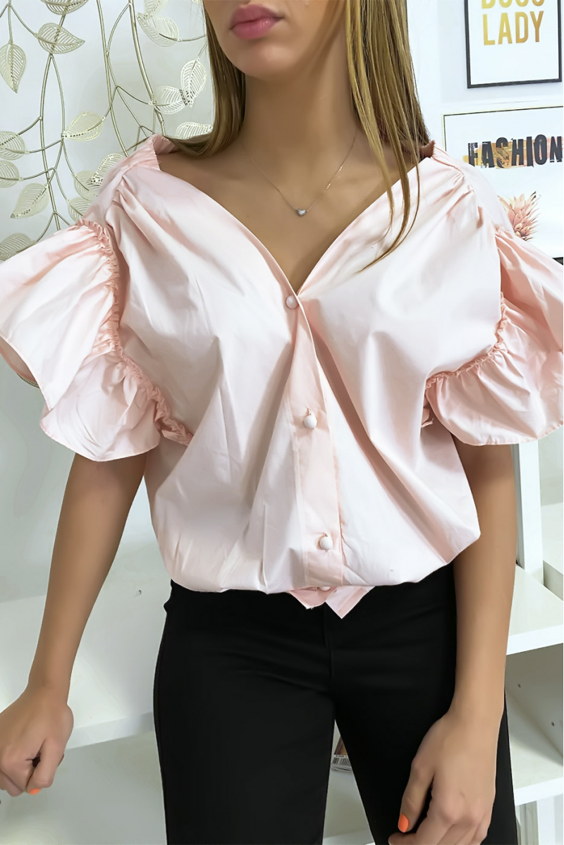Pink shirt blouse buttoned at the front with ruffle at the sleeves and gathered at the shoulders - 2