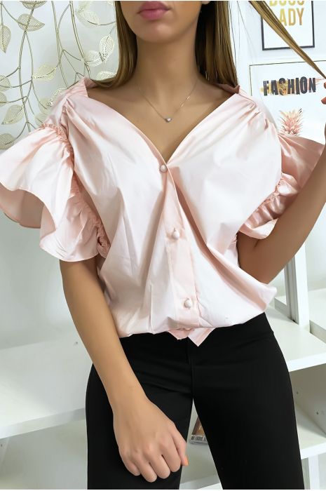 Pink shirt blouse buttoned at the front with ruffle at the sleeves and gathered at the shoulders - 3