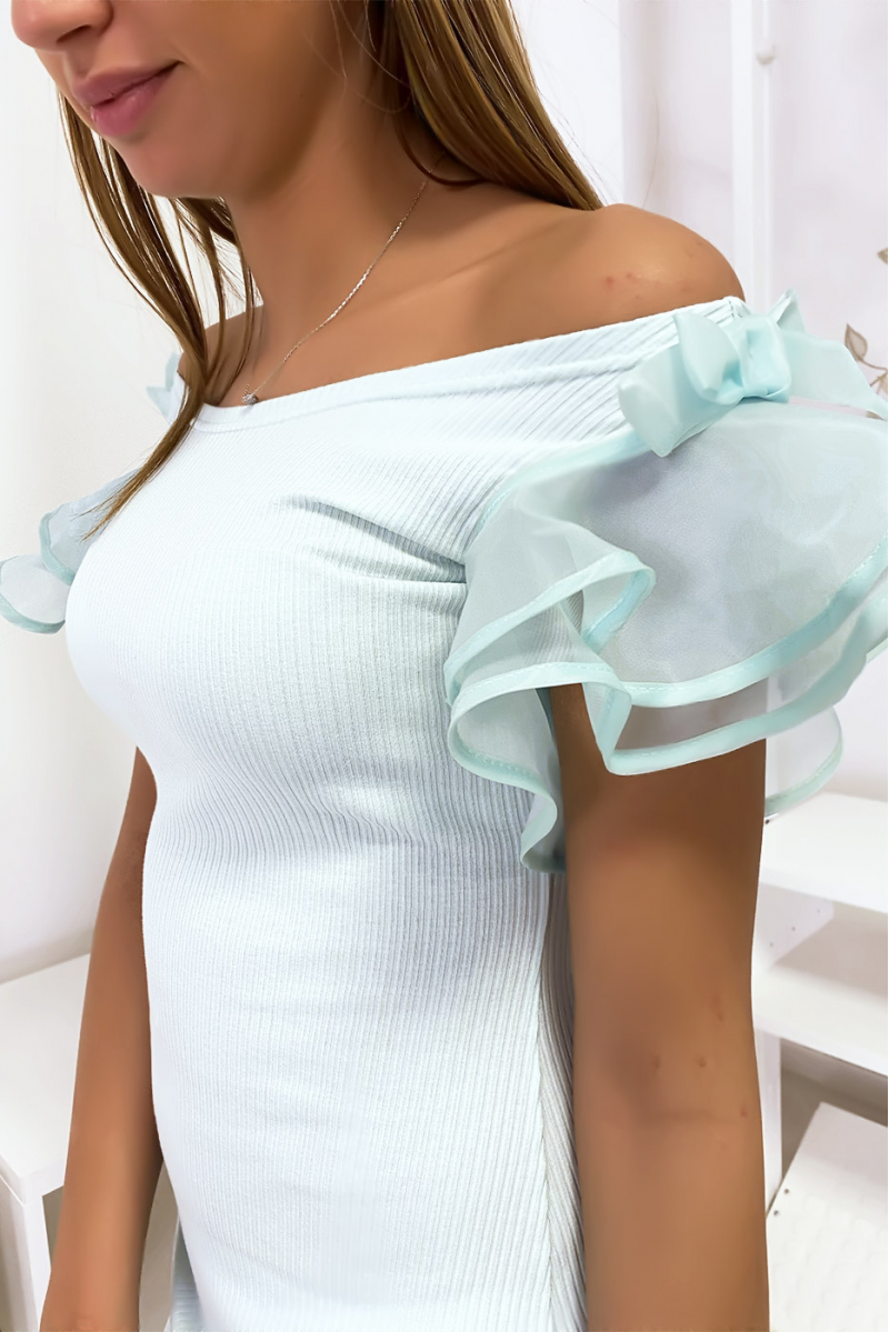 Sea green ribbed knit dress with ruffles and butterfly on the shoulders - 6