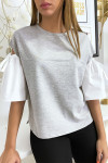 Gray bi-material top with bare puffed sleeve