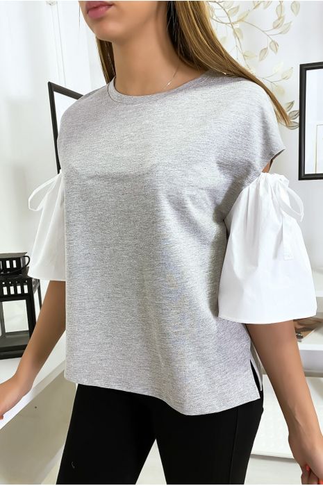 Gray bi-material top with bare puffed sleeve - 2