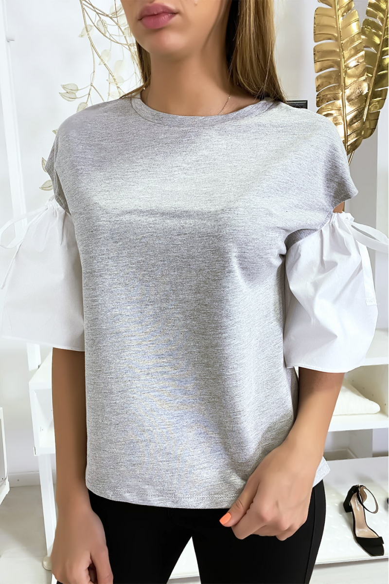 Gray bi-material top with bare puffed sleeve - 1