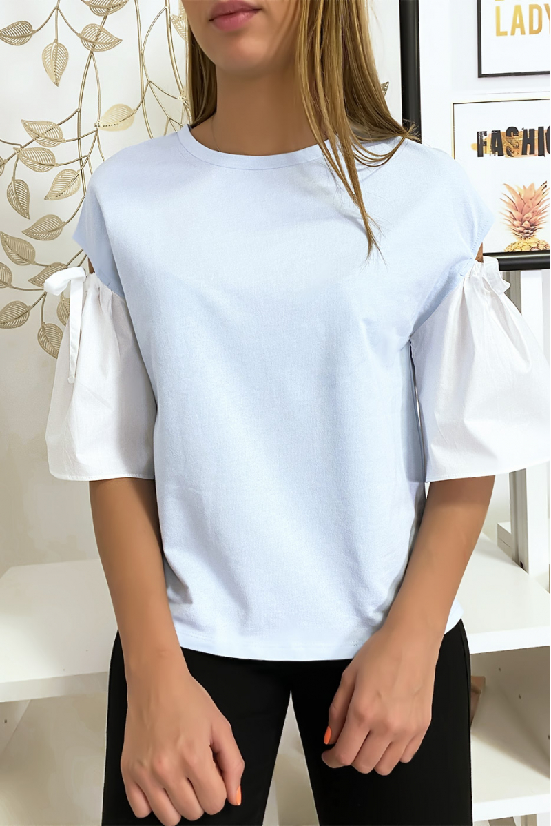 Bi-material blue top with bare puffed sleeve - 4