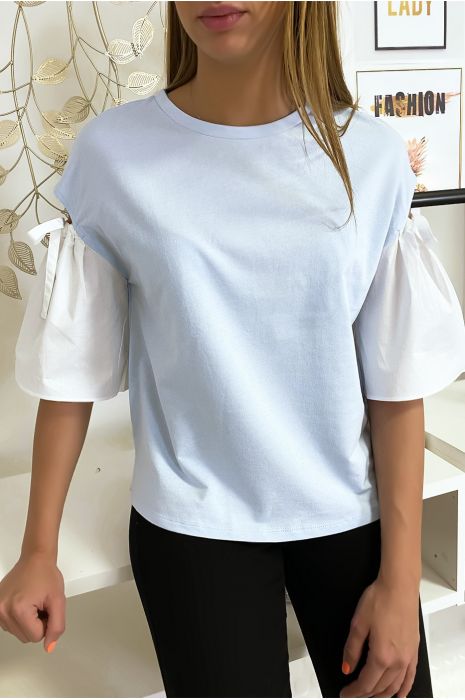 Bi-material blue top with bare puffed sleeve - 1