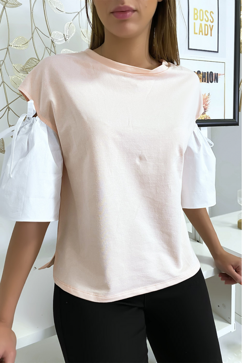 Bi-material pink top with bare puff sleeve - 2