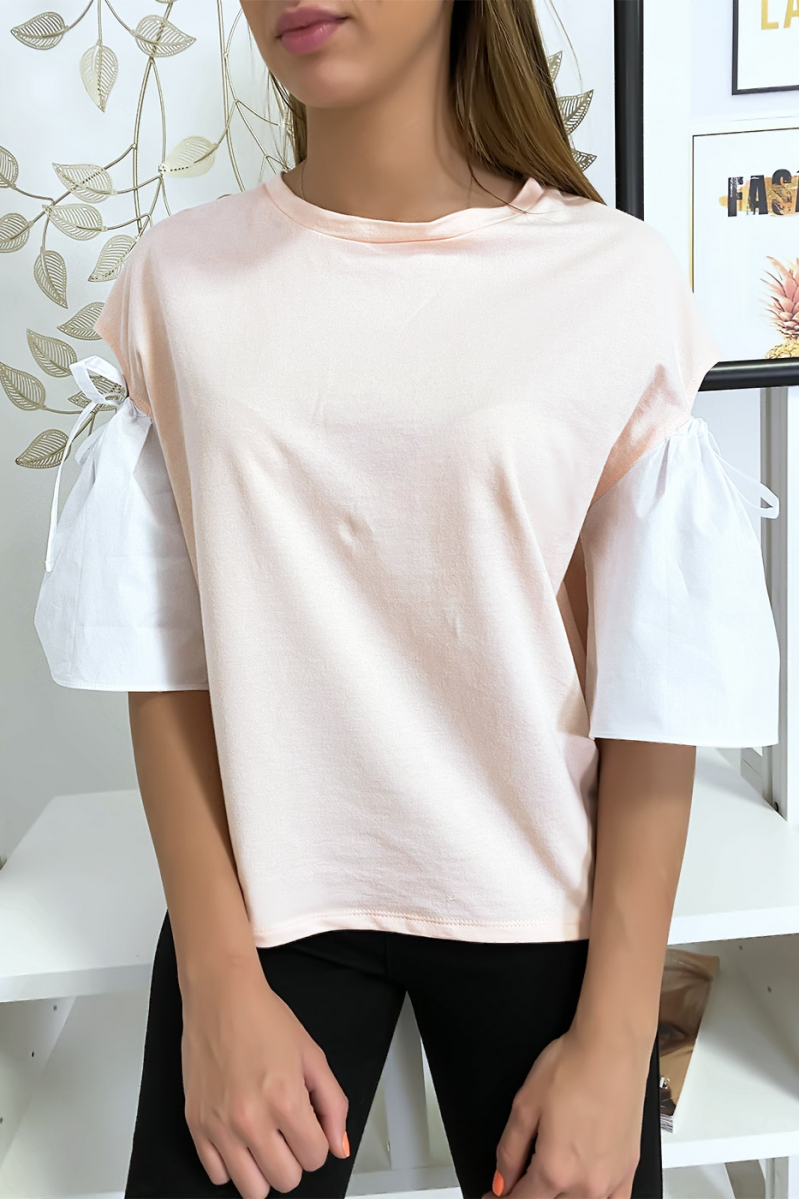 Bi-material pink top with bare puff sleeve - 1