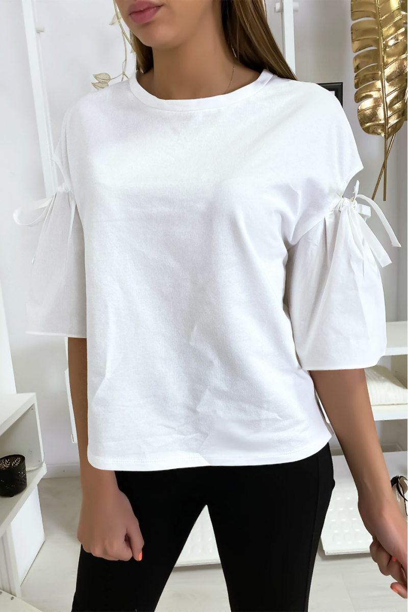White bi-material top with exposed puff sleeve - 1
