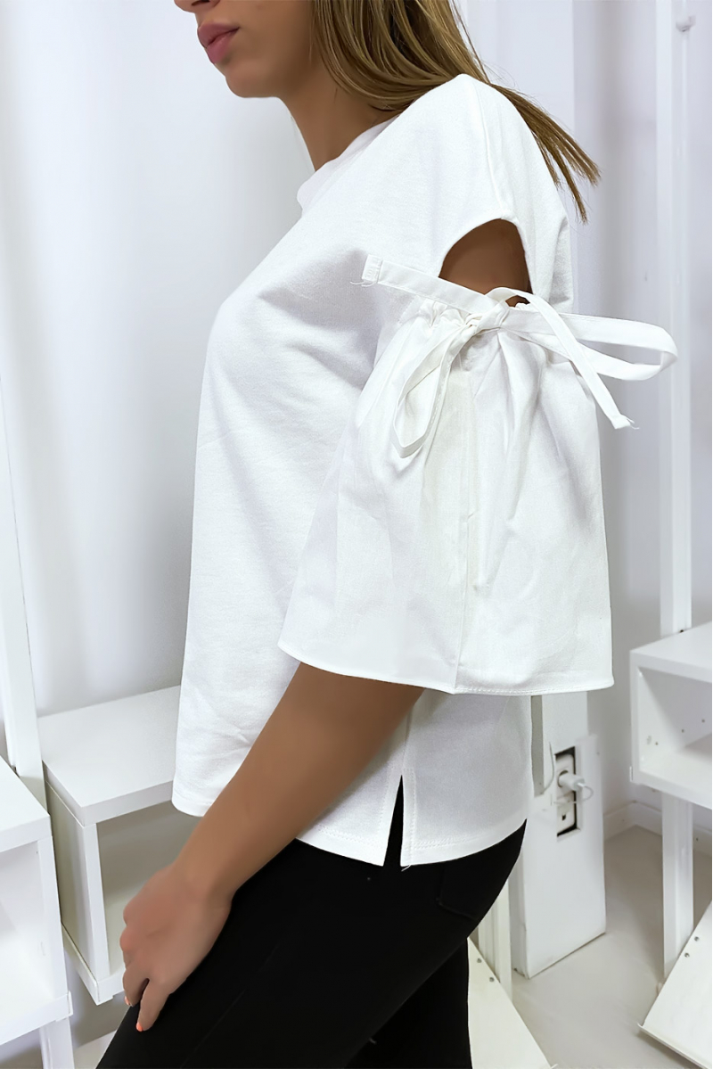 White bi-material top with exposed puff sleeve - 3
