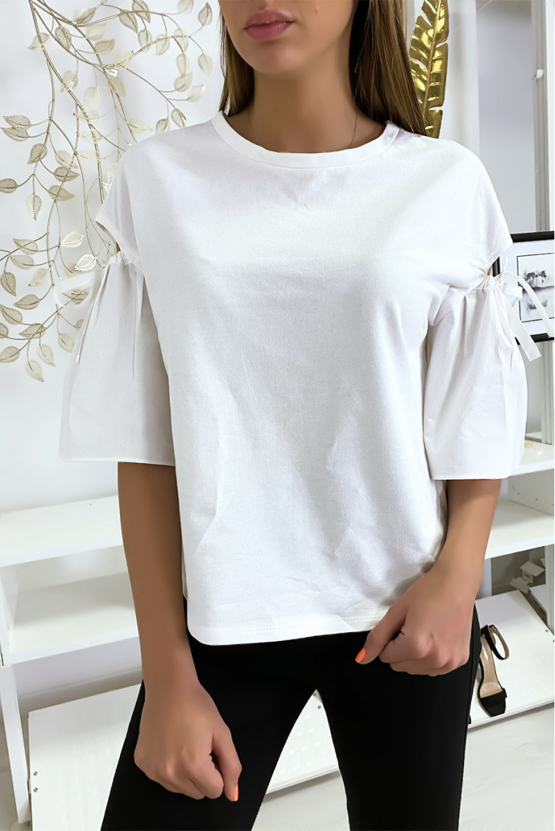 White bi-material top with exposed puff sleeve - 2