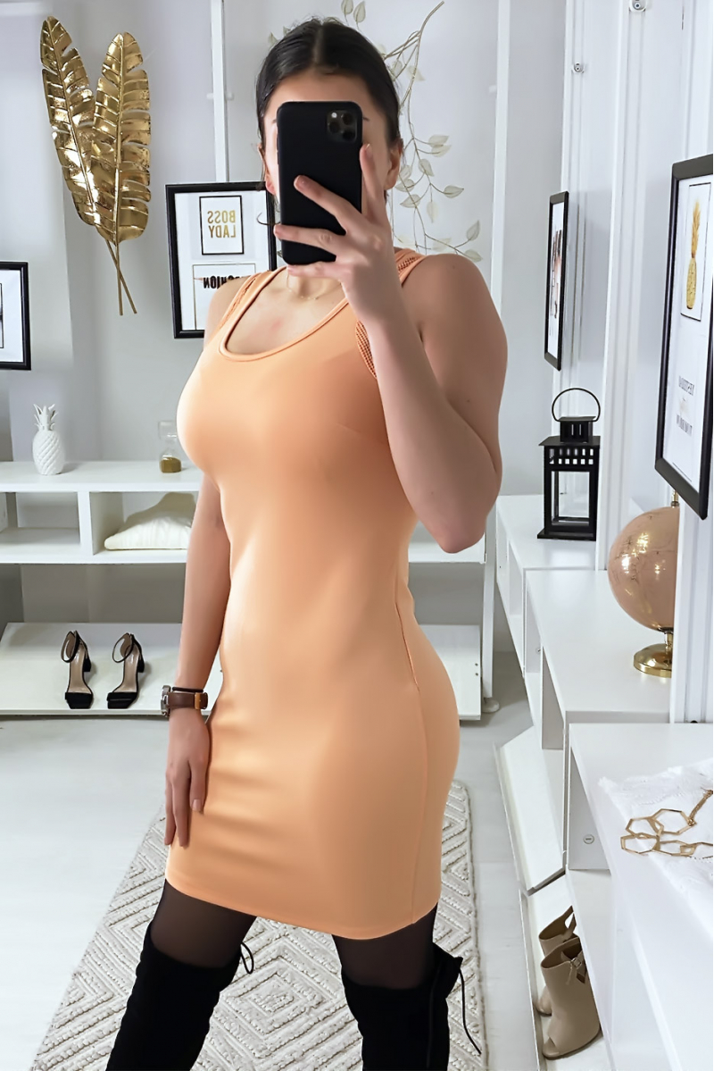 Bodycon dress in orange with fishnet straps and back closure - 2