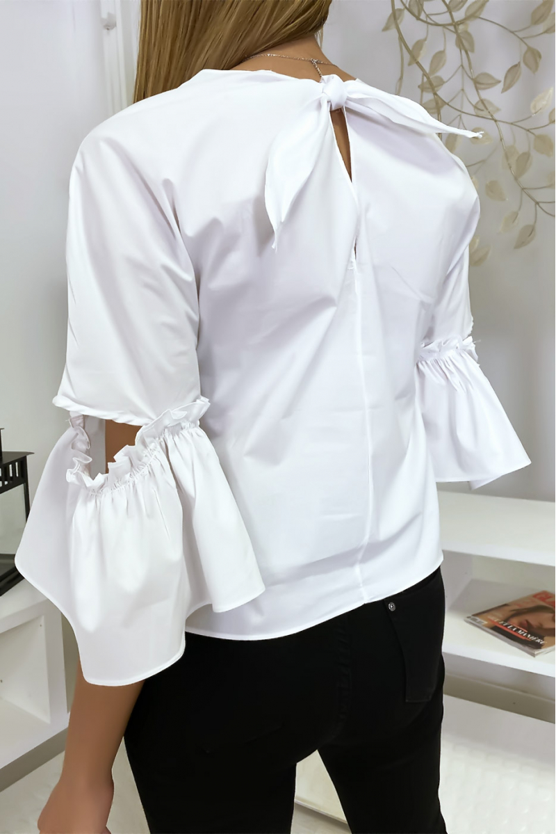 White blouse with flying sleeves and pretty little bow - 6